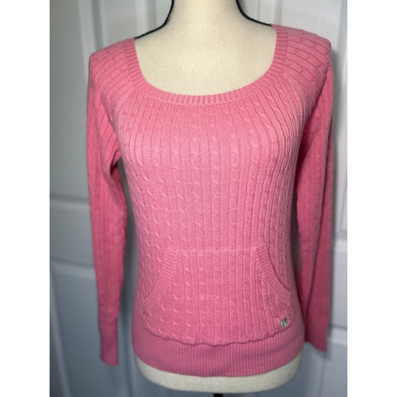 Aeropostale Sweaters - Aeropostale‎ Sweater Slim Fit Large Pink Cable Knit Scoop Neck Kangaroo Pocket